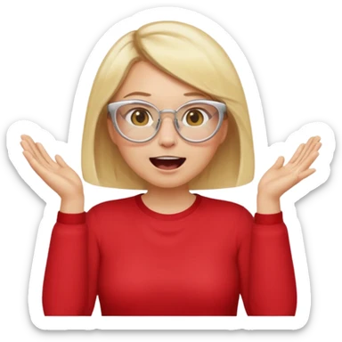 emoji style, waist-up woman with light skin, blonde bob hair, white cat-eye glasses, red shirt, both hands cupped around her mouth, shouting with joy on simple light background sticker