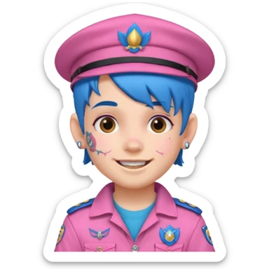 scout boy with very pink scout uniform, blue haired and hat, heavy face tattoed sticker