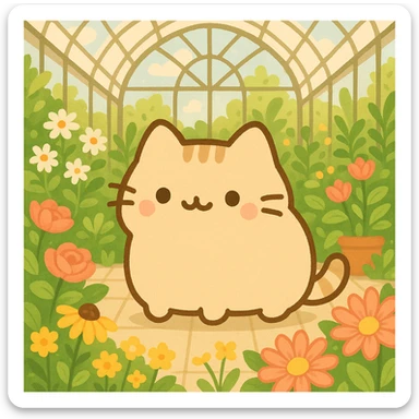 beige blonde kawaii pusheen-style kitten in a botanical garden greenhouse filled with flowers sticker