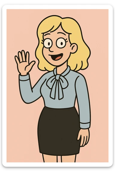 A woman light yellow hair Sky pink Flavia Pussy Bow Blouse Black Numana Straight Skirt a hand say hello sticker