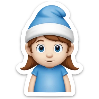 Generate me a small blue smurf with long brown hair and white cap sticker