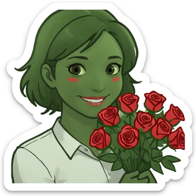 male memoji, handsome man in white shirt, holding a big bouquet of red roses, gentle smile, soft romantic eyes sticker