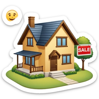 skeuomorphism style, house for sale, emphasis on For Sale sign, For Sale sign needs to be readable in 36 x36 pixels  sticker