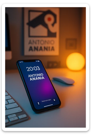 A photo of an iPhone on the desk with the message "Antonio Anania" on its screen, The phone sits atop a desk with a blurred with the logo in the background that suggests work environment. A faint glow from above casts gentle shadows across the surface of each object, creating depth and highlighting their textures sticker