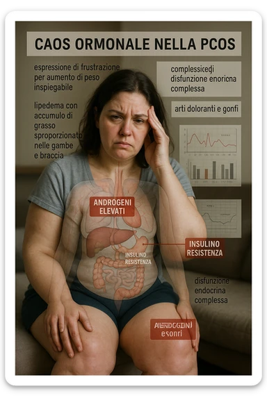 cinematic realistic Woman with PCOS struggling with hormonal chaos, transparent overlay showing elevated androgens and insulin resistance affecting her body, lipedema causing disproportionate fat accumulation in legs and arms despite normal torso, expression of frustration with unexplained weight gain, medical charts showing complex endocrine dysfunction, painful swollen limbs contrasting with metabolic confusion scrivi i testi in italiano sticker