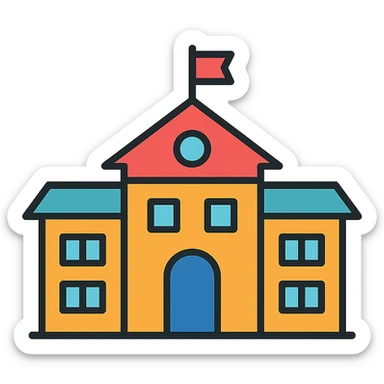school building, color outline icon style, black outlines with subtle color accents, modern and friendly sticker