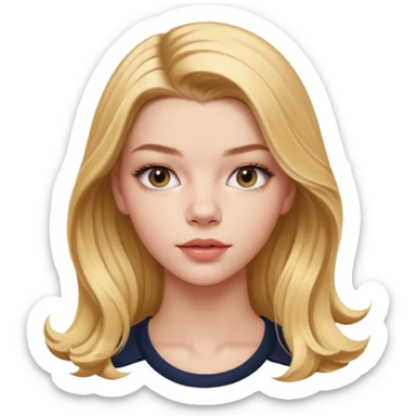 Cinematic Realistic Anya Taylor Joy Portrait, depicted with lifelike skin texture, subtle rosy undertones, and soft natural lighting that enhances the gentle contours of her face. Her intricately detailed golden blonde hair is elegantly. sticker