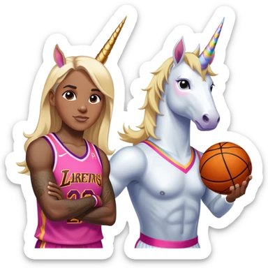 Lebron James super buff  cool 6th grader with cool pretty blond adult girl in basketball unicorns sticker