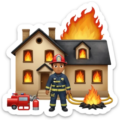 sad man standing with a house on fire behind him, firefighters trying to put out the fire, apple style emoji sticker