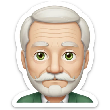 80-year old man with medium white beard and mustache, salt-and-pepper unconnected eyebrows, and green-brown eyes. White, shoulder-length hair parted in the middle. Ears are long and close to his head sticker