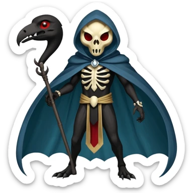 Shiny Dark Edgy  Duskull-Salandit-Inteleon-Fakémon-hybrid-creature (full body) with a bird-skull-mask and a cloak-cape sticker