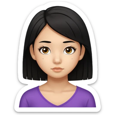 a tan chinese-american 15 year old girl with straight black hair down to her chest. mascara sticker