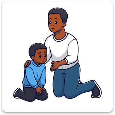 Black man kneeling down in front of white man, respectful pose sticker