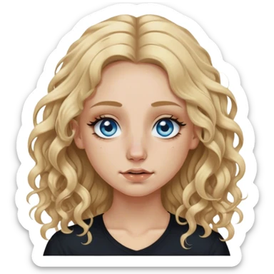 blonde polish girl, long and curly dirty blonde hair in a middle part, long eyelashes, blue eyes, black shirt, nose piercing on both sides  sticker
