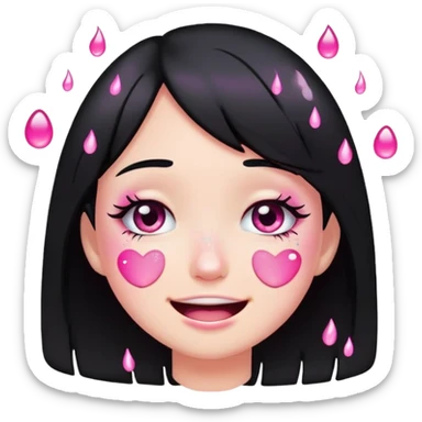 black hair girl crying with pink glitter tears, smiling, emoji style sticker