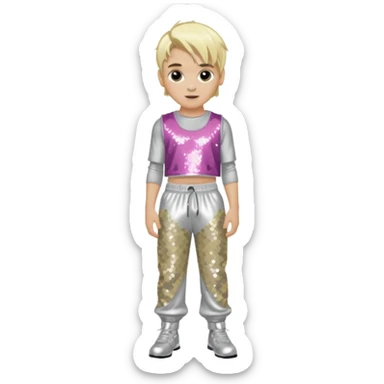 Aaron Carter with blonde hair, silver sequin crop top, silver sequin baggy pants sticker