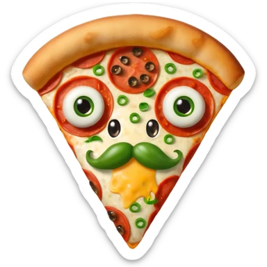 Make a photo of a pizza with pepperonis from eyes and mushroom from the nose and green bell pepper from the mouth and mustache sticker