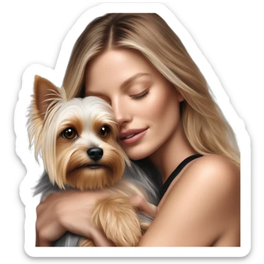 Photo Real pale Victoria secret model cuddling a Yorkshire terrier  sticker
