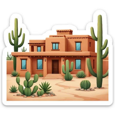 Tucson style house with adobe walls, flat roof, southwestern architecture, desert landscaping, cactus sticker