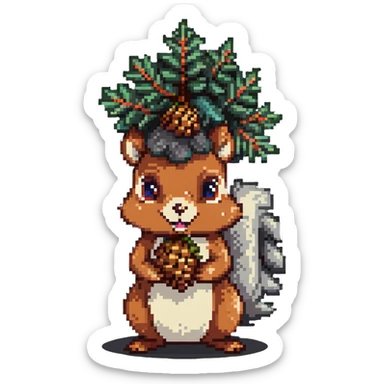 A greedy squirrel with a large pine cone balanced on its head, with a weird facial expression and wide eyes sticker