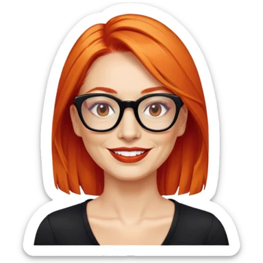 nữ 40 tuổi, da trắng,môi đỏ thẫm, tóc búi gọn gàng màu cam, đeo kính đen, mặt cười tươi, hơi có nếp nhăn, áo đen sticker