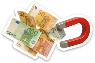 banconote di euro fluttuano vicino ad una calamita rossa, sono attratte, iperrealistico 4k sticker