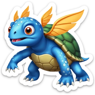 A blue creature with fangs, alien googly eyes, claws, wings, with white dots, and a turtle shell. it looks strong. fire breathing sticker