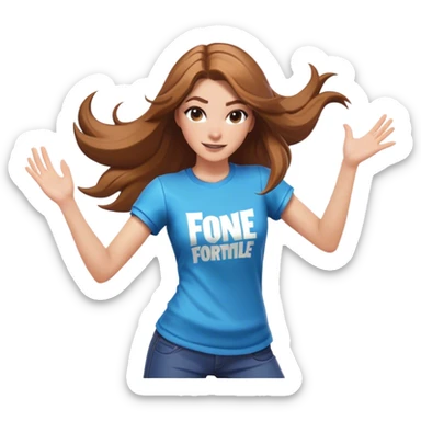 White girl with light long brown hair dancing with Fortnite shirt sticker
