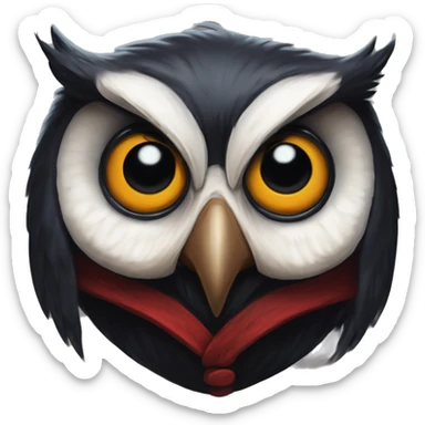 Vampire owl in Uncle Scrooge style, oil paint, mysterious eyes, intricate lips, masterpiece pose, odd perspective, beautiful, desirable, logical sticker