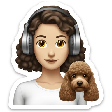 White girl, dark hair in headphones with brown poodle sticker