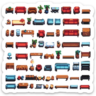detailed furniture elements in pixel art style sticker