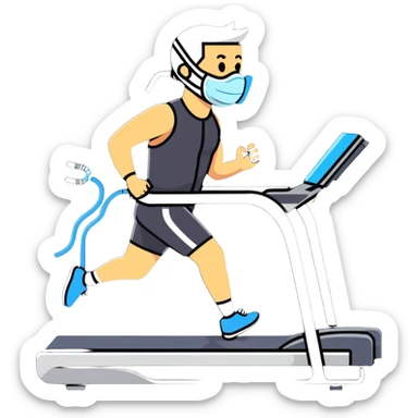 Runner on treadmill wearing oxygen consumption mask with tubes and sensors, VO2 max test in progress sticker