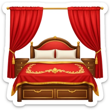 bed with red and gold sheets, wooden, red courtains sticker