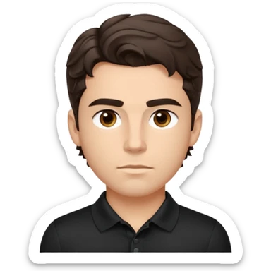 He’s a man with light to medium skin, a defined oval face, full brows, deep-set eyes, and wavy short dark brown tall hair styled with height, sides are trimmed. muscular. expression calm and focused relaxed black polo shirt. polished, articulate, and coach vibe. tall hair.  sticker