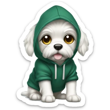 Dog white cute mini maltaise wearing a dark green hoodie  sticker