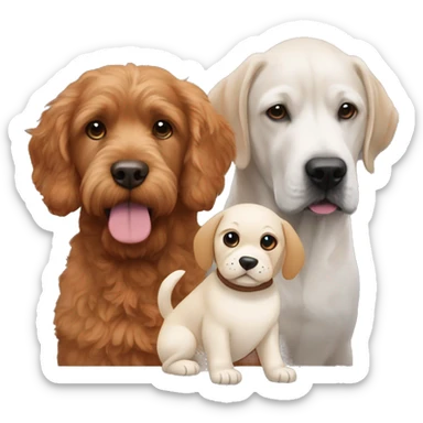 A red goldendoodle next to a white Labrador, next to a brown and gray puggle  sticker