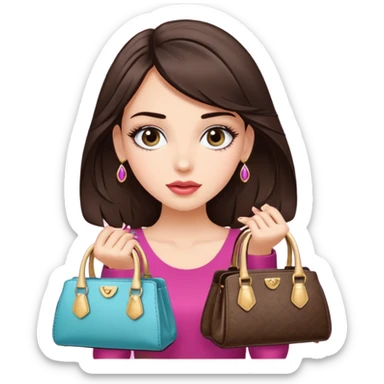 Glam brunette girl with eyelashes and fa looking left and right between two purses, playful puzzled expression — can’t decide between two options sticker