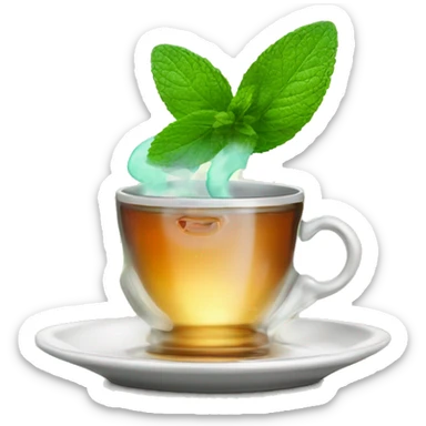 A cup of tea, a mint leaf on a platter. There's steam coming out of the cup. sticker