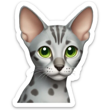 Short-haired oriental cat ,full body , grey blue coat with spots , green eyes , terracotta nuzzle sticker