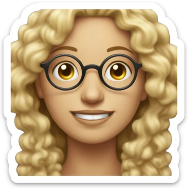 A round moon on which sits a blonde woman with curly hair and glasses, smiling. sticker