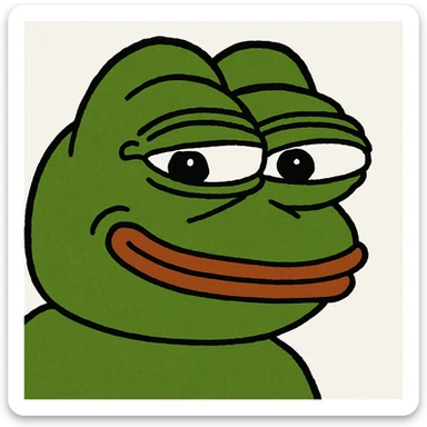 Pepe the Frog meme, green frog with a mischievous smile, cartoon style sticker