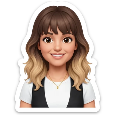 An adult girl with an oval-shaped face and feminine features, long dark brown wavy hair fading to blonde at the ends with light bangs. Thick dark eyebrows, large expressive eyes, and a warm smile. She is wearing a white T-shirt with a black vest and a delicate golden necklace.black background sticker