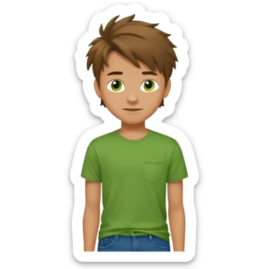 A 14 yerar old teenage boy, slightly tanned, wearing a green tshirt (no pocket), blue jeans and green sneakers with brown tousled hair, smirking sticker