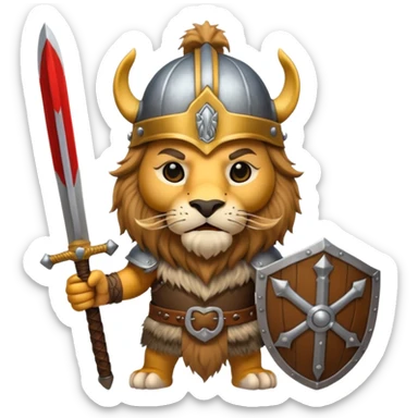 lion with viking helmet and sword behind sticker