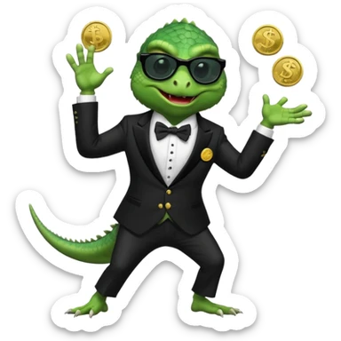 capitalist iguana banker in tuxedo and black sunglasses dancing crazy with coins sticker