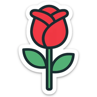 rose icon with color outline, stylized, red petals, green stem sticker