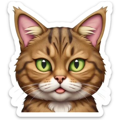 Cinematic Meme-Worthy Grumpy Brown Tabby Cat Portrait Emoji, Head held high but eyes filled with dramatic disappointment, fluffy brown fur with striking tabby markings, signature M-shaped forehead furrowed into an unmistakable scowl, large ears slightly angled back in disapproval, piercing golden-green eyes glaring with pure exasperation, Simplified yet hilariously over-exaggerated features, highly detailed, glowing with an aura of supreme annoyance, high shine, exhausted yet judgmental, stylized with an almost regal pettiness, bright but brooding, soft glowing outline, capturing the essence of a feline that has seen it all and is thoroughly unimpressed, so meme-worthy it feels like it could instantly become the next viral sensation of grumpiness! sticker
