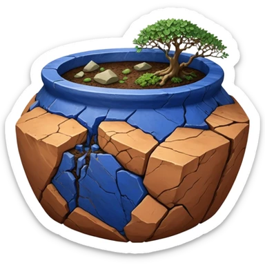 Aged two toned lapis blue terracotta Roots Stoneware akadama moss on soil irregular angular Stone Age rocks cracked crags and broken rough edges forming a very shallow Yixing pot sticker