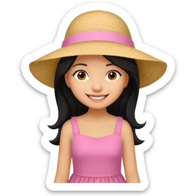 Girl in pink dress and sunhat smiling, black 2 string dress, blakc hair sticker