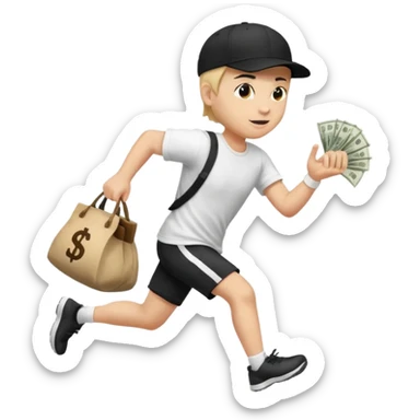 Thief with black cap white t-shirt with black Stripes emoji runing with money bag sticker